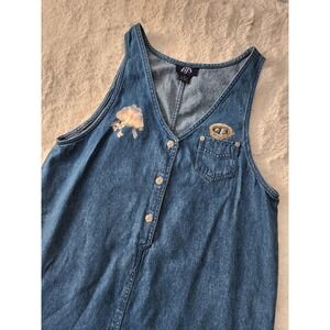 Vintage 90s BJS Denim Jumper Dress Women's Medium Embroidered Bird Nest...